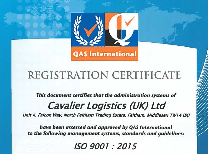 Cavalier Logistics' UK ISO Accreditation